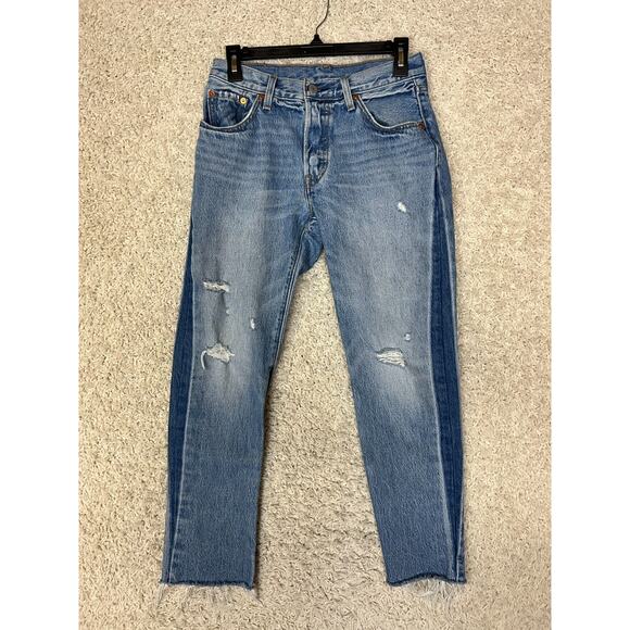 Levis 501 Jeans Women 25 Blue Straight Mid Rise Contrast Stripe 25x28 Denim - Picture 1 of 13